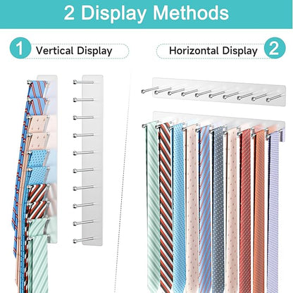 Tie Rack Wall Mounted, Tie Holder Organizer, Closet Ties Organizer Stainless Steels, Adhesive Ties Racks for Men With 20 Hooks, Hanger Storage for Wall Bedroom Living Room Dresser Room (Sliver)