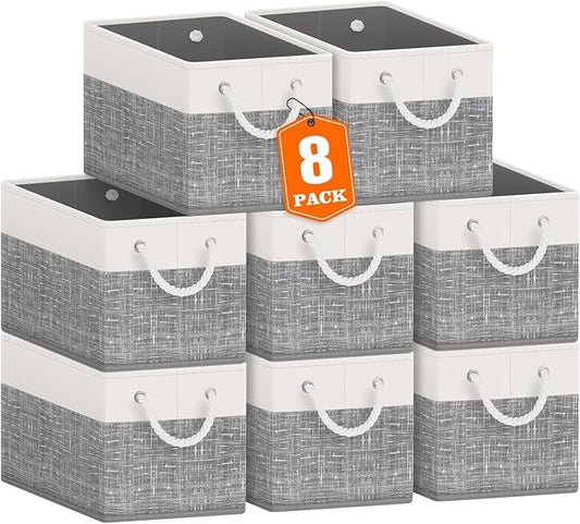 Fab totes Storage Bins 8-Pack, Foldable Storage Baskets for Organizing Toys, Books, Shelves, Closet, Large Storage Box with Rope Handles, Sturdy Organizer Bins, White & Grey