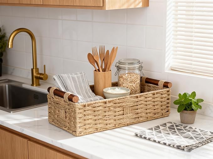 Woven Bathroom Basket with Wood Handles — Toilet Paper Storage Organizer, Back of Toilet Basket, Natural Wicker Basket for Tank Top, Countertop or Shelf