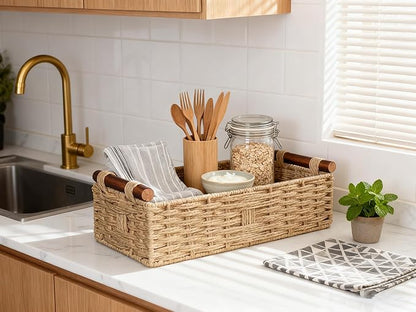 Woven Bathroom Basket with Wood Handles — Toilet Paper Storage Organizer, Back of Toilet Basket, Natural Wicker Basket for Tank Top, Countertop or Shelf