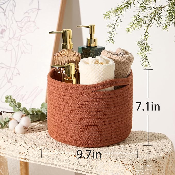 MiniArk Small Basket for Organizing | Cube Shelf Closet Storage Baskets | 9.7×9.7×7.1” | Woven Rope Gift Basket | Nursery | Round 3 Packs Oxide Red