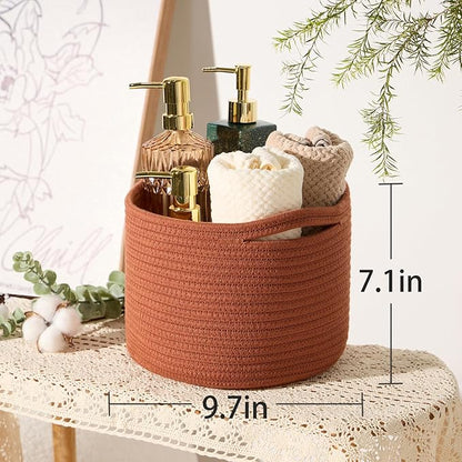 MiniArk Small Basket for Organizing | Cube Shelf Closet Storage Baskets | 9.7×9.7×7.1” | Woven Rope Gift Basket | Nursery | Round 3 Packs Oxide Red