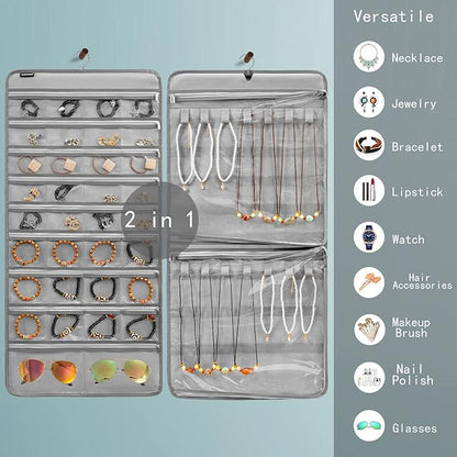 Dual-sided Hanging Jewelry Organizer Necklace Holder Jewelries Storage with 34 Zippered Pockets and 14 Dustproof Hook Loops (GREY)