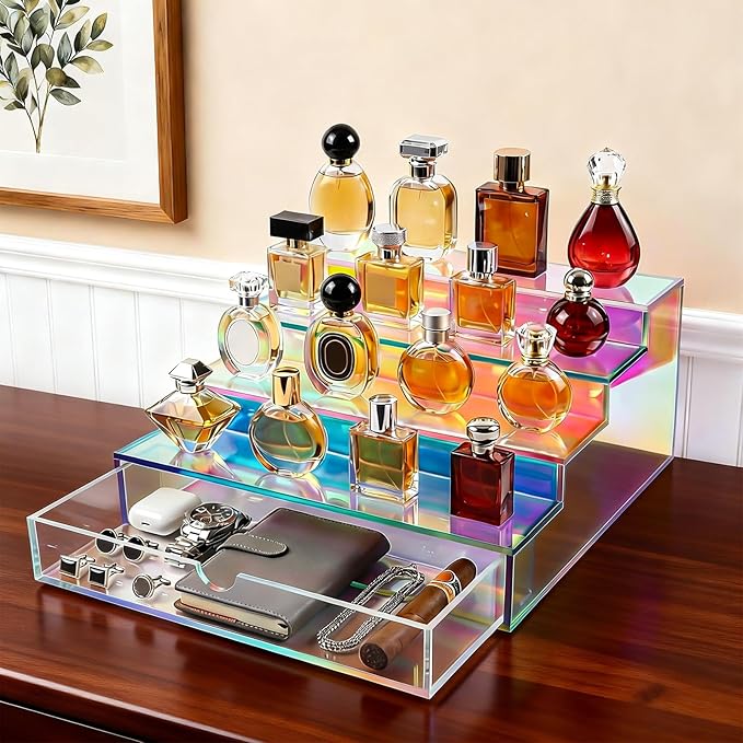 Cologne Organizer for Men with Drawer Acrylic Cologne Stand for Men 4-Tier Cologne Display Shelf Cosmetic Display Case, Iridescent