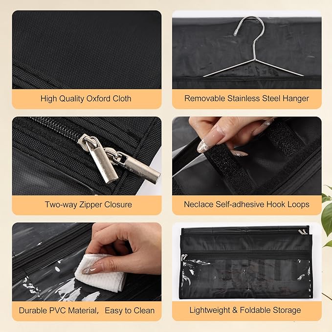 Hanging Jewelry Organizer Storage Roll 41 Pockets and 7 Necklace Hooks with Detachable Hanger Double-Sided Foldable, Travel Jewelry Holder for Earrings, Rings, Bracelets, Hanging on Closet, Wall, Door