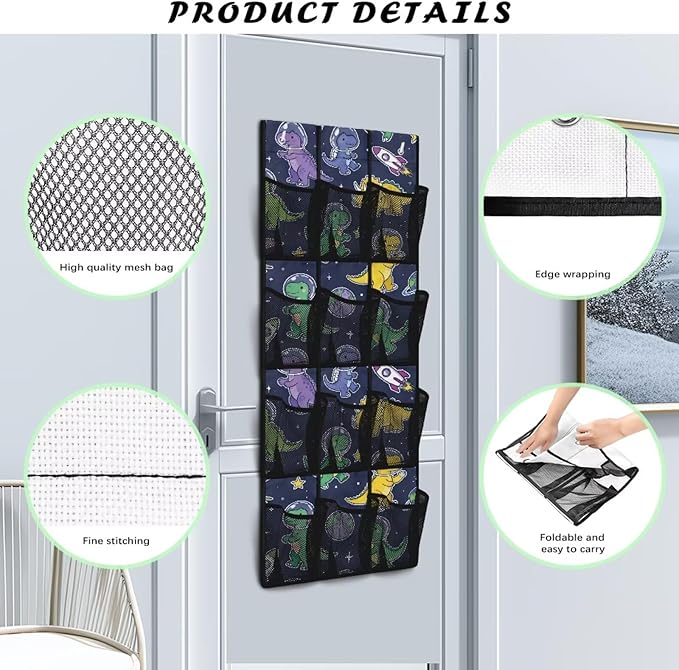Astronaut Dinosaur Over The Door Organizer, 12 Large Mesh Pockets Hanging Shoe Rack for Closet, Space Theme Storage for Kids Room Toys & School Supplies