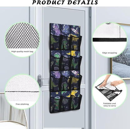 Astronaut Dinosaur Over The Door Organizer, 12 Large Mesh Pockets Hanging Shoe Rack for Closet, Space Theme Storage for Kids Room Toys & School Supplies