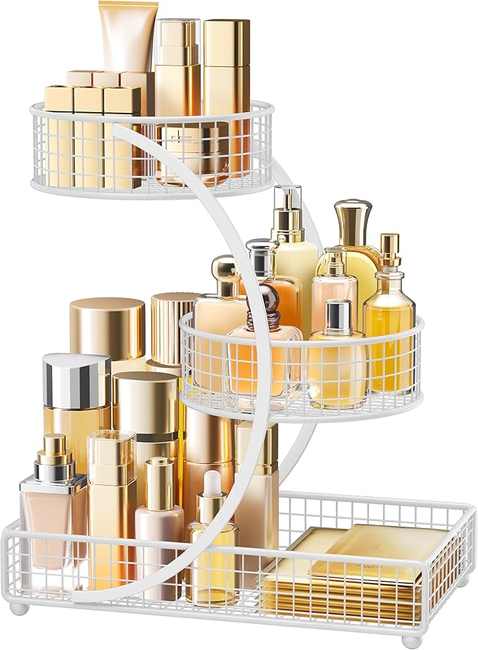 HBlife Makeup Organizer for Vanity, 3 Tier Metal Bathroom Countertop Organizers Skin Care Storage, Bathroom Counter Shelf Skincare Holder Perfume Cosmetic Display, White