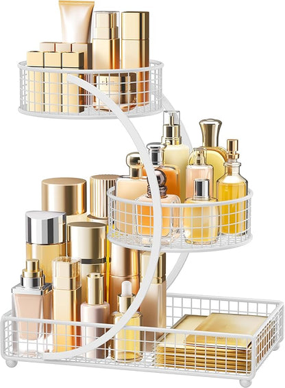 HBlife Makeup Organizer for Vanity, 3 Tier Metal Bathroom Countertop Organizers Skin Care Storage, Bathroom Counter Shelf Skincare Holder Perfume Cosmetic Display, White