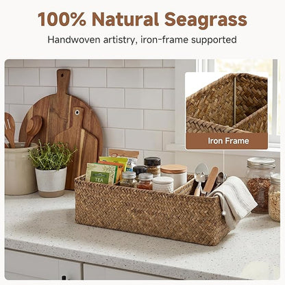 StorageWorks Toilet Paper Baskets for Shelves, 3-Section Wicker Baskets Storage, Back of Toilet Basket for Tank Topper, Counter, Pantry, Living Room Decor, 2 Pack Seagrass Basket