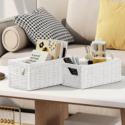 Vagusicc Wicker Storage Basket, Set of 2 Hand-Woven Paper Rope Wicker Baskets for Organizing Decor Storage Bins for Counter Shelves Pantry Basket Small Toilet Paper Basket for Toilet Tank Top, White