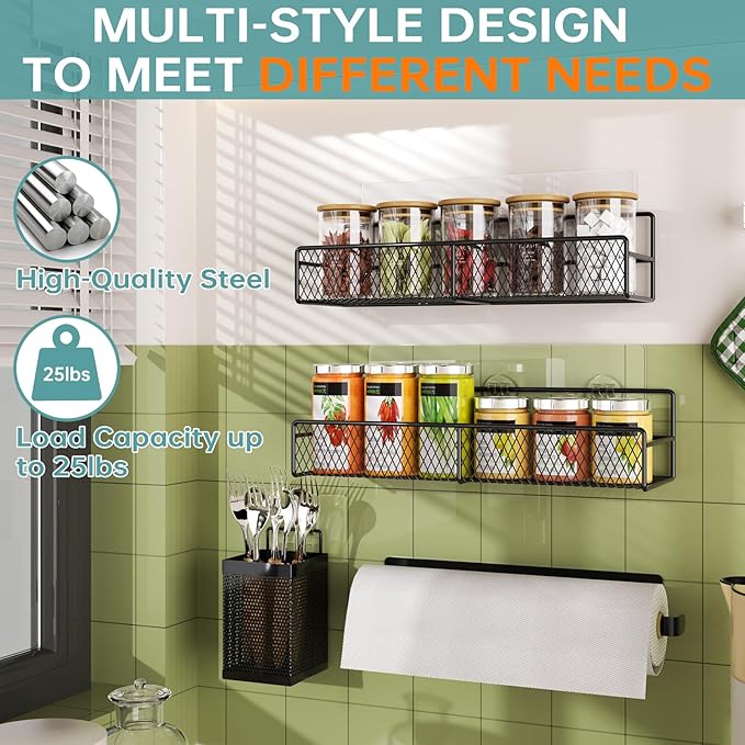 DTUQYX Spice Rack Wall Mounted 6 Pack: 100% Metal & Strong Adhesive Spice Organization for Kitchen Cabinet/Pantry Door, No Drill Hanging Seasoning Organizer with Paper Towel Holder, Utensil Caddy