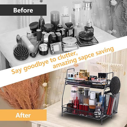 Bathroom Organizer with Basket, 2-Tier Bathroom Tray for Countertop Storage Shelf, Bathroom Counter Organizer, Vanity Organizer and Storage Kitchen Counter Organizers Spice Rack