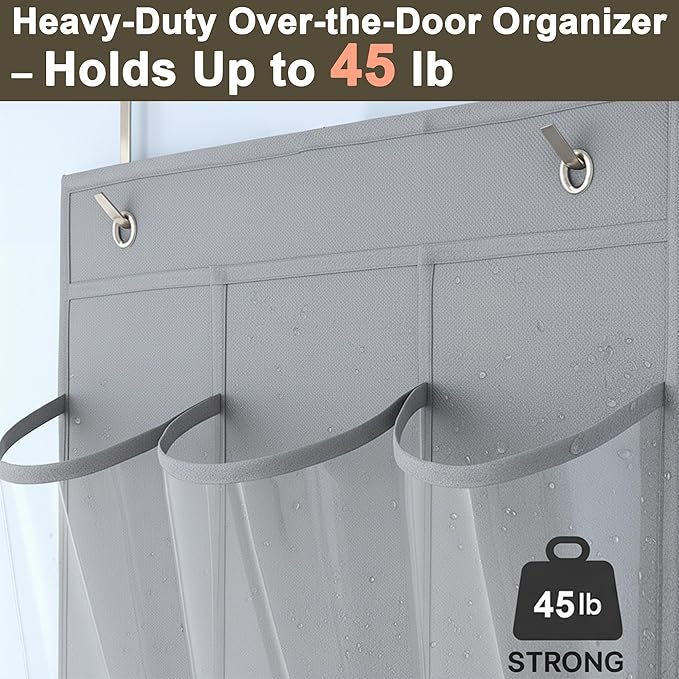 Over The Door Shoe Organizer - Space Saving Shoe Rack for Closet Door with 24 Crystal Clear Pockets and Metal Hooks, Shoe Holder Back of Door Organizers for Shoes, Gray Hanging Shoe Organizer (Gray)