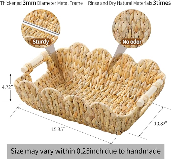 Coeusy Small Wicker Basket 2 Pack,Scalloped Basket for Organizing and Decor,Natural Water Hyacinth Storage Baskets with Wooden Handles for Gifts,Snack,Shelves