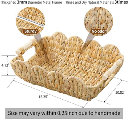 Coeusy Small Wicker Basket 2 Pack,Scalloped Basket for Organizing and Decor,Natural Water Hyacinth Storage Baskets with Wooden Handles for Gifts,Snack,Shelves