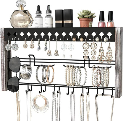 JackCubeDesign MK460A - Wood Wall Mount Jewelry Organizer with Metal Hooks (Rustic Wood)