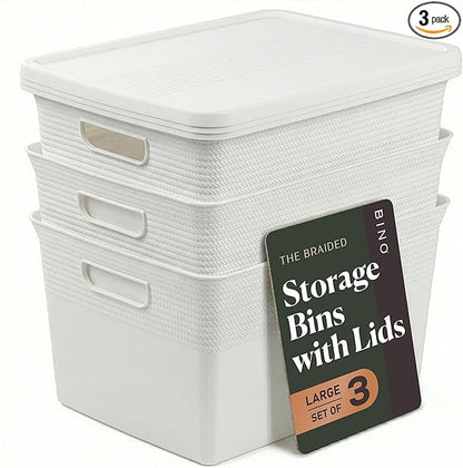 BINO | Plastic Storage Bins with Lids, 22 Liter - 3 Pack, White | THE BRAIDED COLLECTION | Plastic Bins for Organization Woven Storage Baskets for Organizing Pantry Shelf Organizer Basket Bin