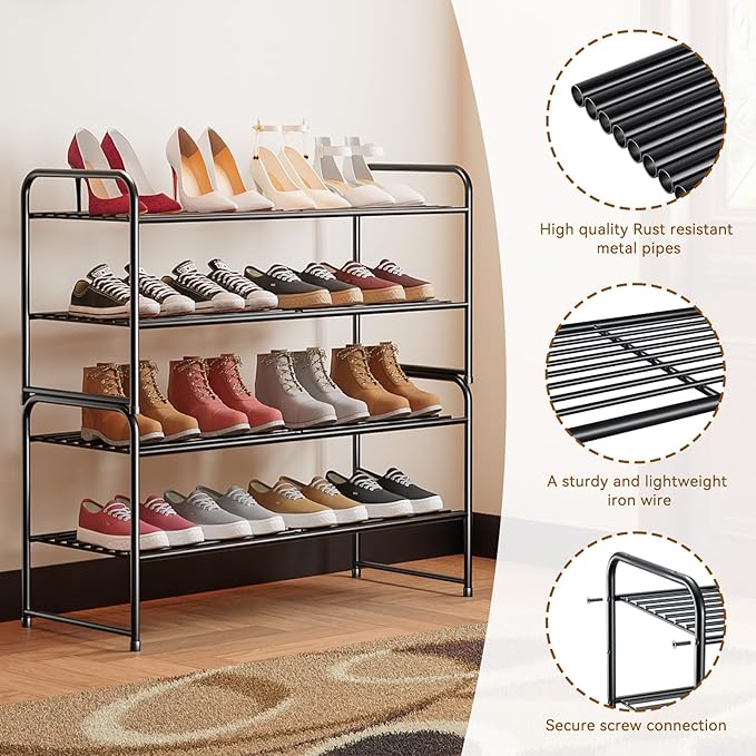 Standard Shoe Rack 2-Tier 32.5 Inches Wide, Free Standing Shoe Organizer for Indoor Outdoor | Adjustable Heavy-Duty Metal Shelf Ideal for Home Entryway Closet & Garage Balcony | Black
