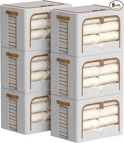 FHSQX 6 Pack Clothes Storage Bins - Foldable Storage Bins for Clothes Fabric Storage Box with Metal Frame (Light Grey, 16.5x12.2x12.2 inch)