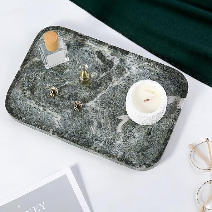 Koville Marble Tray, 12"x8" Natural Marble Vanity Tray for Countertop Bathroom Kitchen Dresser, Marble Catchall Trays for Perfume Jewelry, Decorative Rectangular Tray Home Decor(Green)