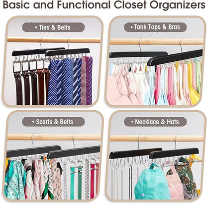 Wooden Tie Rack & Belt Holder 2 Pack, 20-Hook Necktie Hanger & 14-Hook Belt Organizer, Space Saving Multi Functional Closet Storage for Men
