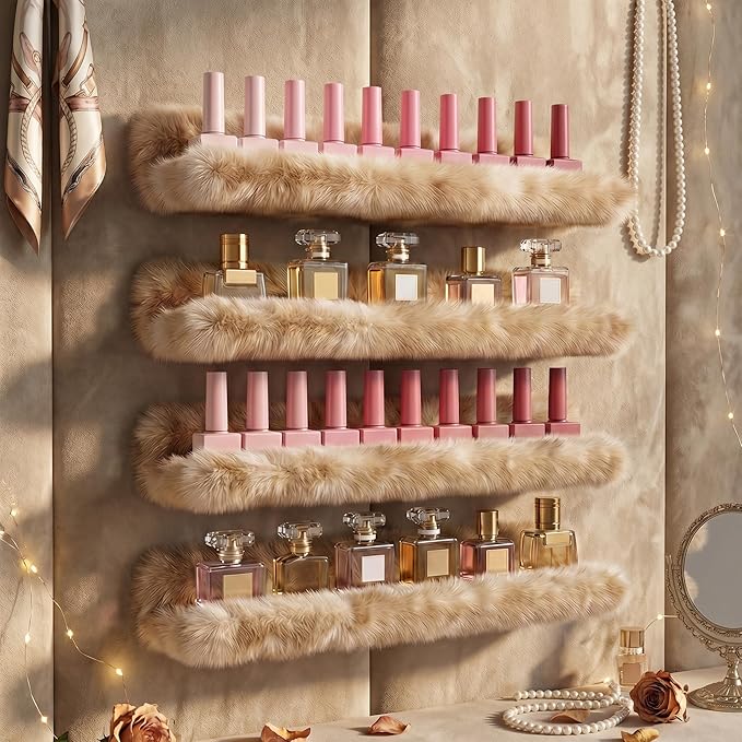 Care&More YJ 15 Inch Nail Polish Shelves, 4-Pack Fuzzy Display Nail Polish Rack for Storing Nail Bottles, Sunglasses, Essential Oils, Plush Soft (Brown)