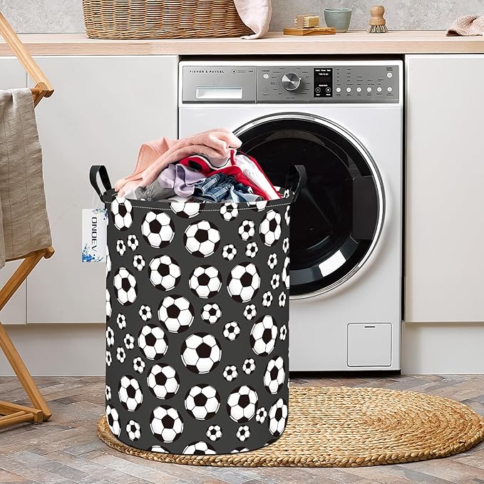 Round Soccer Laundry Basket,Collapsible Laundry Hamper for Nursery,Football Toy Storage Bin for Kids Boys,Waterproof Storage Basket for Home,Bedroom,Playroom(Soccer)