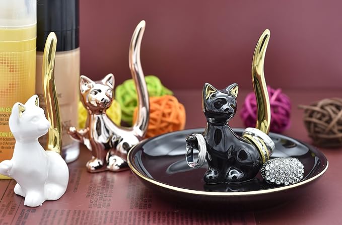 Happy Cat Posture Ring Holder Jewelry Storage Dish Trinket Tray Decorative Black/Golden Tail.