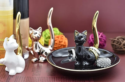Happy Cat Posture Ring Holder Jewelry Storage Dish Trinket Tray Decorative Black/Golden Tail.