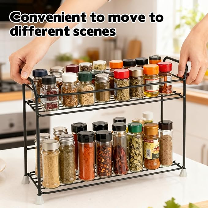 FMOACEN 2 Tier Spice Rack Organizer for Countertop Sturdy Metal Standing Spice Storage Shelf Rack Seasoning Organizer Holder for Home Kitchen Cabinet Bathroom Bedroom Pantry Vanity Black
