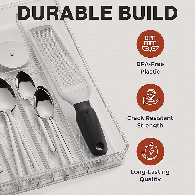 Masirs Expandable Utensil Drawer Organizer - BPA-Free Plastic Clear Silverware Tray with Multiple Compartments - Non-Slip Cutlery Storage for Kitchen, Bathroom, or Office Drawers (Clear)
