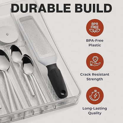 Masirs Expandable Utensil Drawer Organizer - BPA-Free Plastic Clear Silverware Tray with Multiple Compartments - Non-Slip Cutlery Storage for Kitchen, Bathroom, or Office Drawers (Clear)