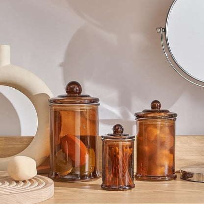 KMwares 3PCs Set Small Glass Premium Quality Apothecary Jars with lids Bathroom Accessories Vanity Organizer Canisters for Cotton Balls/Swabs, Makeup Sponges, Bath Salts, Q-Tips(Brown jar)
