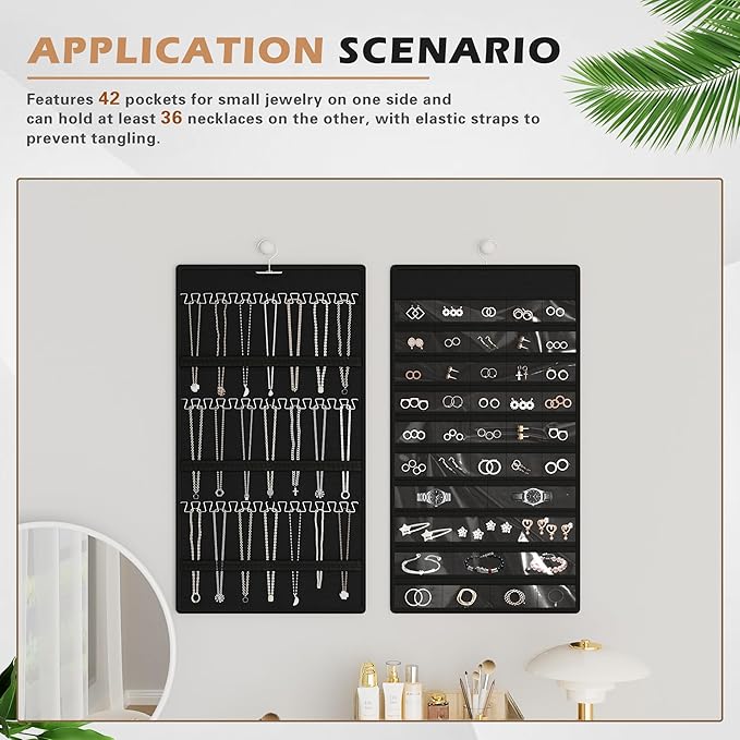 Hanging Jewelry Organizer Storage Roll, Double-Sided Necklaces Holder, 42 Pockets Plus 36 hooks Earrings Organizer Hang in Closet, On Wall, or Doors, Black