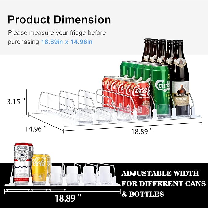 LumoShine Drink Organizer for Fridge, Self-Pushing Soda Can Dispenser for Refrigerator, Width Adjustable Pusher Glide for 12oz to 20oz holds (White, 14.96" D x 18.89" W— 6 Rows)