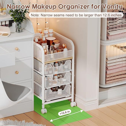 Hongtamoya Rolling Makeup Cart Organizer with 3 Drawers, Narrow Floor Skincare Organizers, Cosmetics Display Cases Vanity Organizer for Skin Care Nail Polish Perfume Makeup Brush, White