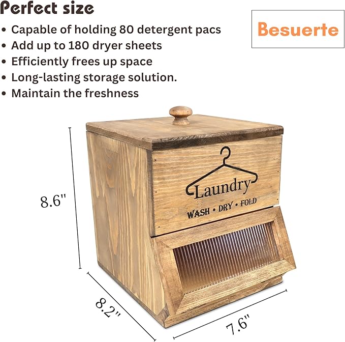 Laundry Pod Holder - 2 Tiered Rustic Wooden Dispenser, Dryer Sheet Container for Laundry Room Organizer, Brown