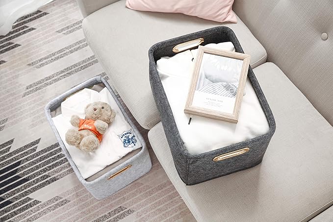 Collapsible Storage Bins Foldable Felt Fabric Storage Basket Organizer Boxes Containers with Handles Metal Handles for Nursery Toys,Kids Room,Clothes,Towels,Magazine (Dark grey）