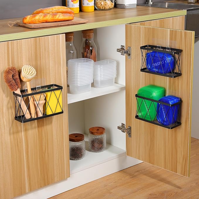 YIGII Cutting Board Holder + 3 Pack Adhesive Cabinet Door Organizer, Black Lid Storage Organizer with, Space Saving Lid Holder for Tupperware Storage Inside Cabinet, Pantry, Kitchen, Bathroom