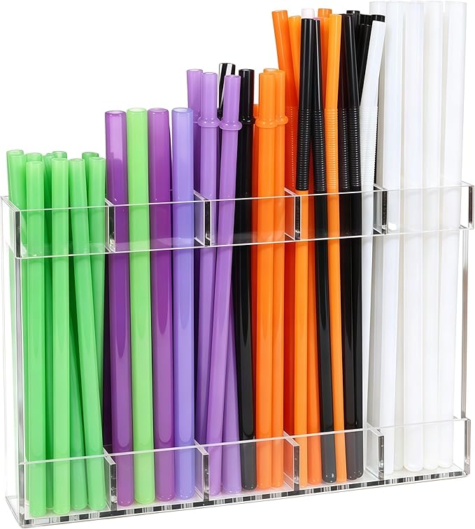 9.6” Large Clear Acrylic Straw Holder, Cabinet Door Straw Organizer with Strong Adhesive Mount, Reusable Tumbler Straw Storage