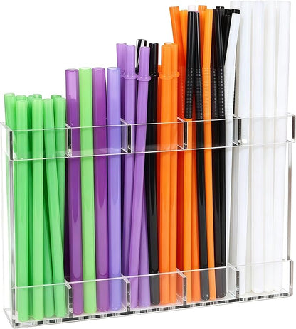 9.6” Large Clear Acrylic Straw Holder, Cabinet Door Straw Organizer with Strong Adhesive Mount, Reusable Tumbler Straw Storage