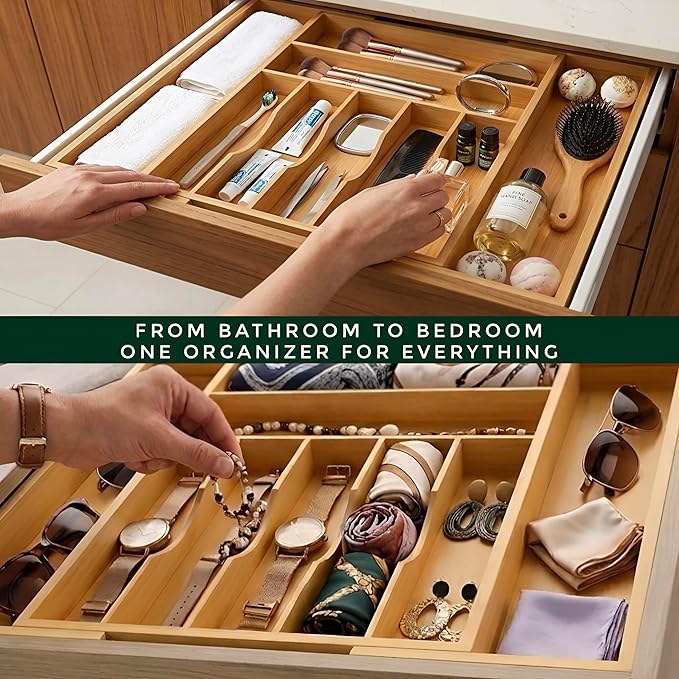 Bamboo Drawer Organizer – Expandable 9 Slot Silverware & Utensil Tray for Kitchen, Office & Kitchen –Fits 13”–19.6” Drawers, Natural Bamboo Wood, Deep Compartments - Durable & Eco-Friendly