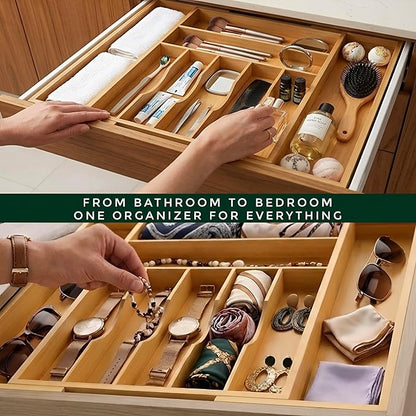 Bamboo Drawer Organizer – Expandable 9 Slot Silverware & Utensil Tray for Kitchen, Office & Kitchen –Fits 13”–19.6” Drawers, Natural Bamboo Wood, Deep Compartments - Durable & Eco-Friendly