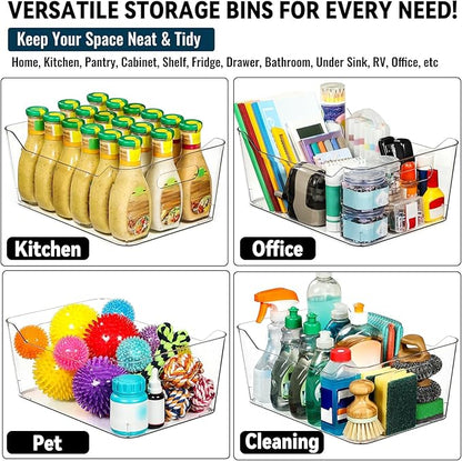12 PACK Multi-Use Clear Plastic Storage Bins for Organizing w/ Labels - Home, Kitchen, Pantry, Bathroom, Office, Cabinet Shelf Organizer Bins - SOHO Collection, RV, Fridge Organization Containers -XXL
