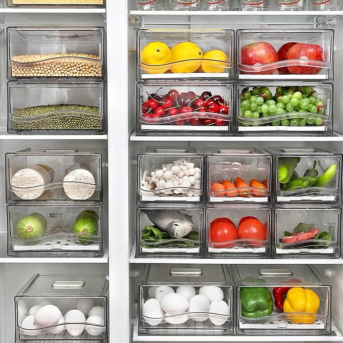 Diskary Fridge Organizer, Stackable Refrigerator Organizer Bins, Reusable Food Storage Containers, Fridge Drawer Organizer in Home Kitchen, Barbecue Shop, Restaurant, BPA-Free (2 Drawers, Medium)