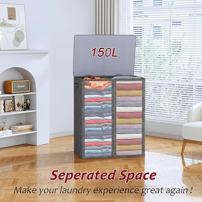 150L Laundry Hamper 2 Section, Large Laundry Hamper with Lid, Dirty Clothes Hamper with 2 Removable Inner Bags, Collapsible Laundry Basket Organizer for for Clothes Toys Towels, Hamper 2 Compartment