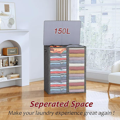 150L Laundry Hamper 2 Section, Large Laundry Hamper with Lid, Dirty Clothes Hamper with 2 Removable Inner Bags, Collapsible Laundry Basket Organizer for for Clothes Toys Towels, Hamper 2 Compartment