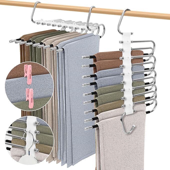 SANLIKE 2 Pack 9 Layers Pants Hangers Space-Saving Stainless Steel Closet Hangers 20pcs Fixed Clips Non-Slip Multi-Functional Pants Rack Two Hanging Modes for Trousers Jeans Leggings Scarf Skirts
