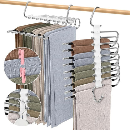 SANLIKE 2 Pack 9 Layers Pants Hangers Space-Saving Stainless Steel Closet Hangers 20pcs Fixed Clips Non-Slip Multi-Functional Pants Rack Two Hanging Modes for Trousers Jeans Leggings Scarf Skirts